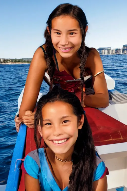 Image similar to full-length photo of real life Katara from Avatar, smiling, looking at camera, sitting on a boat