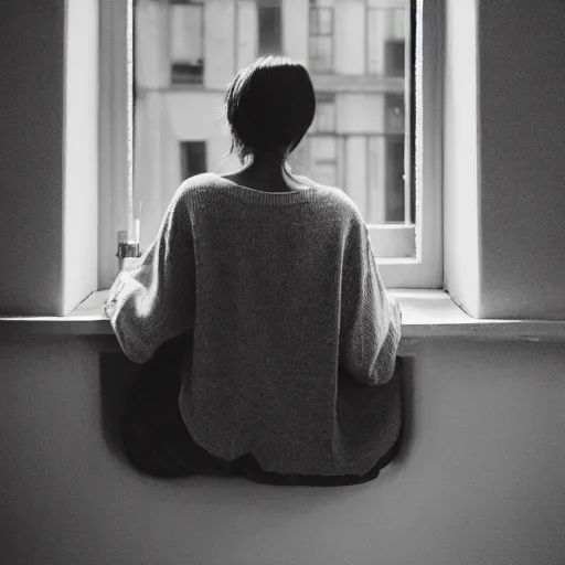 Image similar to a woman sitting on a window sill looking forward out the window, face in hands, grey sweater, a stock photo by chen jiru, tumblr, aestheticism, movie still, pretty, pixiv