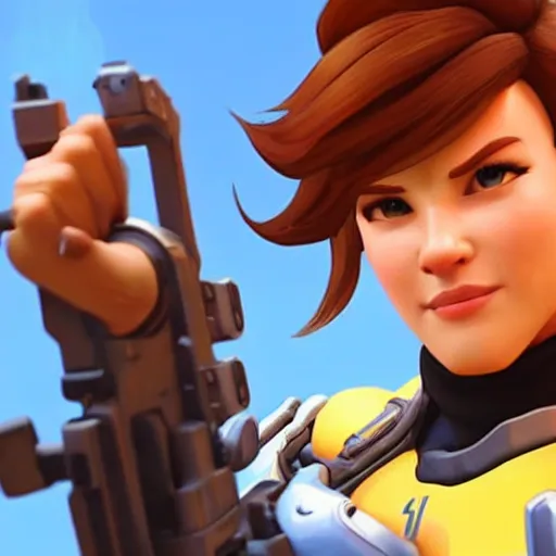 Image similar to a screenshot of arnold schwarzenegger as tracer in overwatch