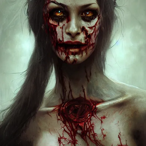 Prompt: A closeup portrait of an attractive zombie girl, fullbody, horror, intricate, moody, highly detailed, artstation, concept art, smooth, sharp focus, illustration, art by greg rutkowski and orientalism and bouguereau and Zdzislaw Beksinski, Dungeons & Dragons, good clear quality, lighting, biology, symmetrical artwork, evil, 135 mm, cinematic, hyper realism, high detail, octane render, 8k, chrome accents