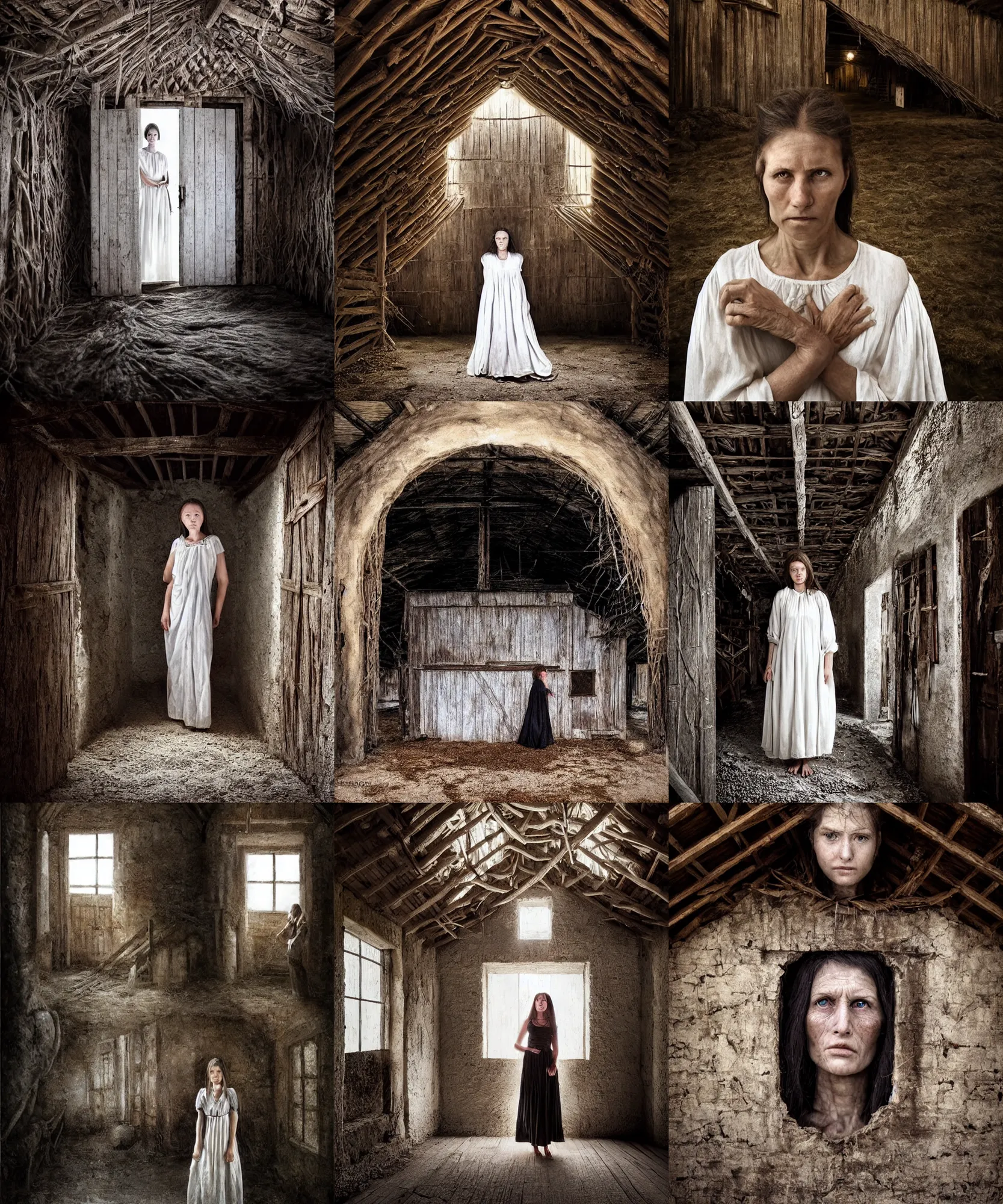 Prompt: Hyper realistic detailed photo of a Paludnitsa! inside a dark! barn!. Perfect face, beautiful, white dress, menacing, melancholic, long black hair, highly detailed, sharp focus, art by Steve McCurry, detailed and intricate environment, wide angle, highly detailed, award winning.