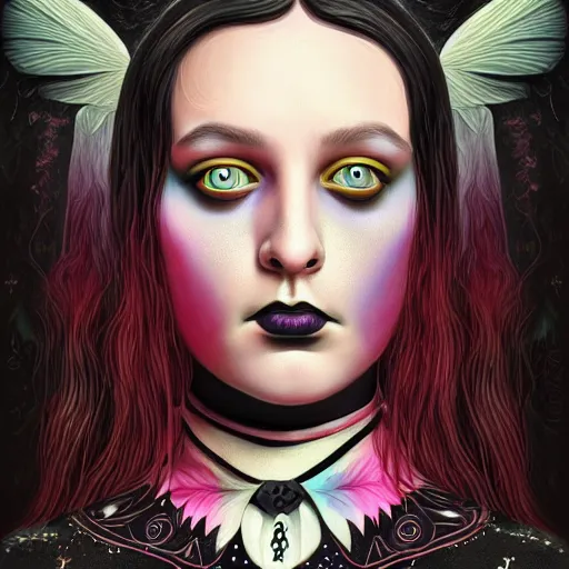 Image similar to An extremely psychedelic portrait of Wednesday Addams, surreal, LSD, face, detailed, intricate, elegant, lithe, highly detailed, digital painting, artstation, concept art, smooth, sharp focus, illustration