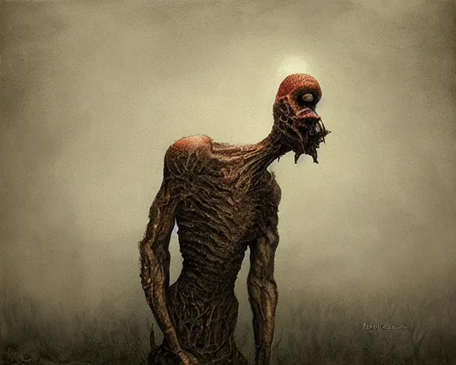 Image similar to a surreal painting of a bizarre otherworldly creature standing in a small eerie village, by anton semenov