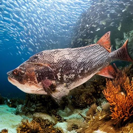 Image similar to incredibly detailed atlantic cod, wide angle shot, backlit, very realistic, underwater, beautiful photo, national geographical, underwater photography, canon 5 d,