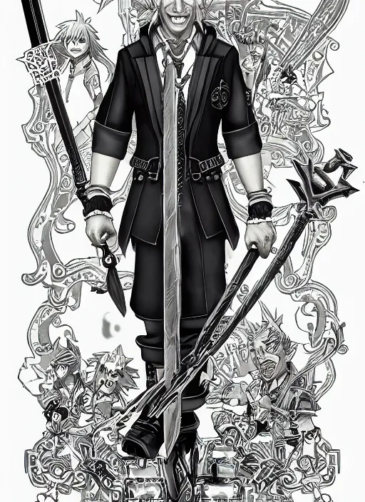 Image similar to joe biden as a kingdom hearts keyblade villain, official square enix hand painted inked artwork, intricate design, high definition, delicate patterned, fantasy, fashionable rpg clothing