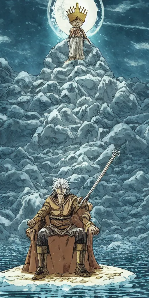 Image similar to a lone king sitting on a throne floating on water in the middle of a lake drawn by Makoto Yukimura in the style of Vinland saga anime, full color