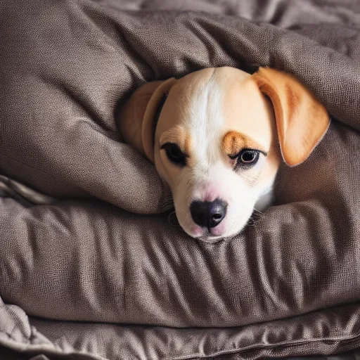 Prompt: a sleepy puppy in bed, resting on a pillow, wearing pajamas, Sigma 85mm f/1.4