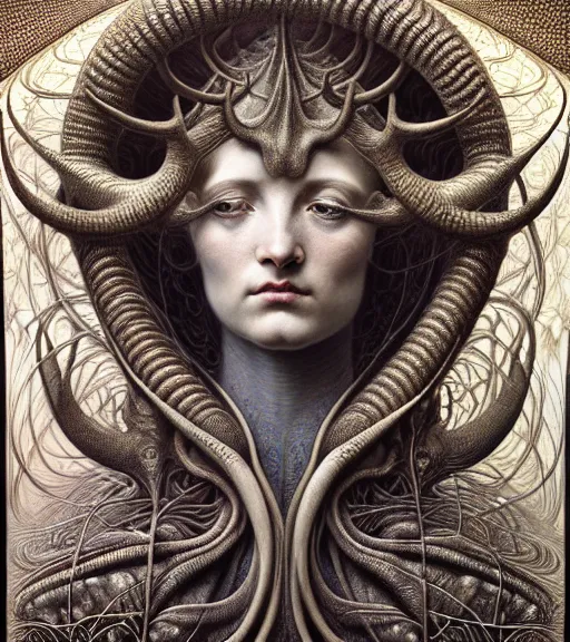 Image similar to detailed realistic beautiful horned goddess face portrait by jean delville, gustave dore, iris van herpen and marco mazzoni, art forms of nature by ernst haeckel, art nouveau, symbolist, visionary, gothic, neo - gothic, pre - raphaelite, fractal lace, intricate alien botanicals, biodiversity, surreality, hyperdetailed ultrasharp octane render