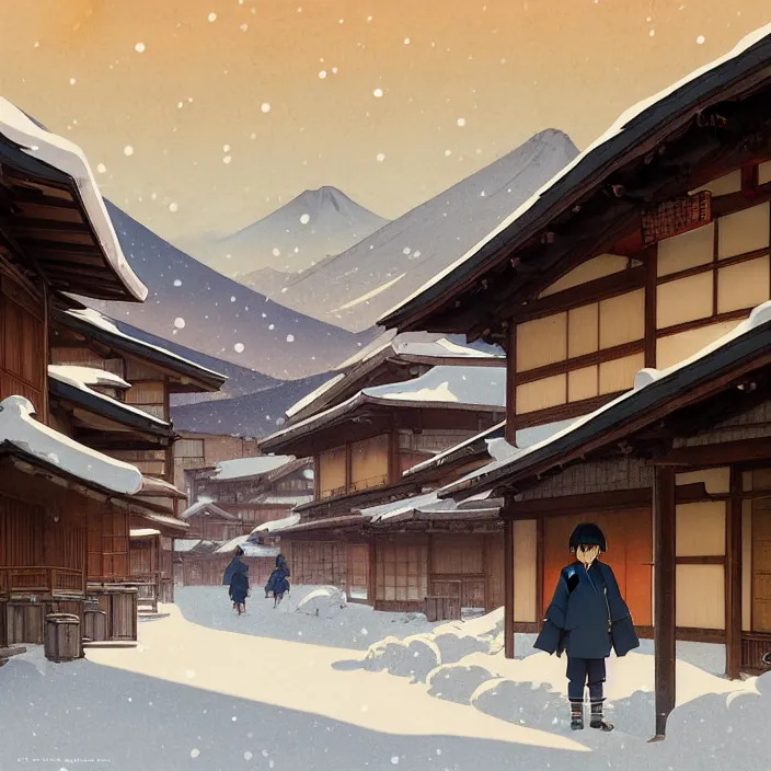 Image similar to empty rural japanese town at night, winter, in the style of studio ghibli, j. c. leyendecker, greg rutkowski, artem