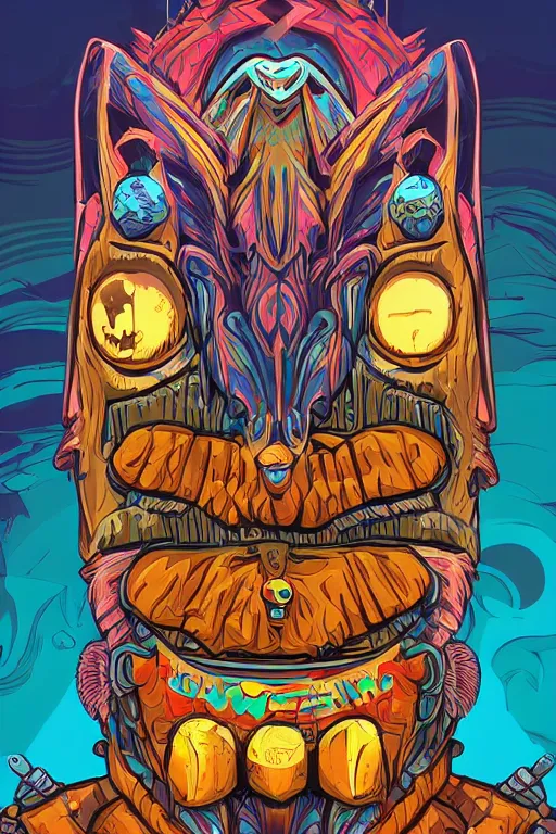 Image similar to totem animal mask tribal feather gemstone plant wood rock shaman vodoo video game vector illustration vivid color borderlands by josan gonzales and dan mumford radiating a glowing aura