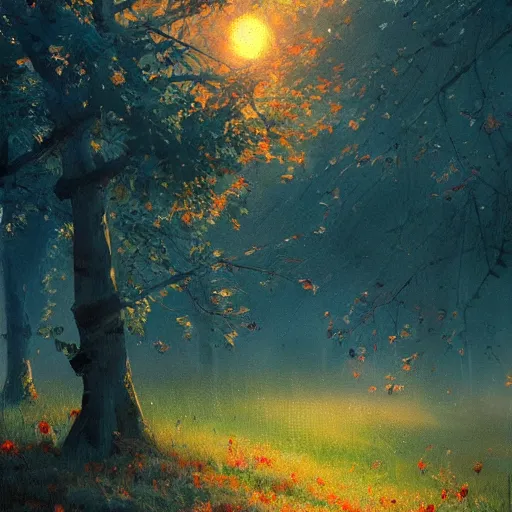 Prompt: a beautiful painting by banska stiavnica nature in sunset, beautiful fruit tree, translucent peach, backlit leaves by greg rutkowski and james gurney, artstation