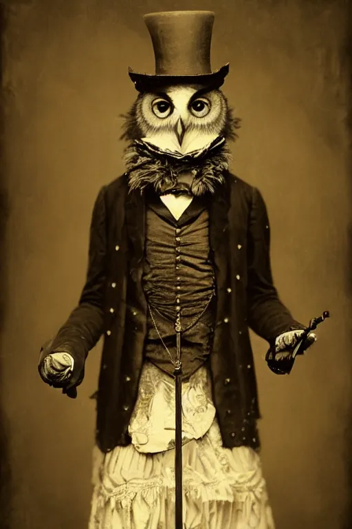 Image similar to wet plate photograph portrait of a victorian - era anthropomorphic owl dressed in a victorian - era clothing, dramatic lighting, highly detailed, digital painting, artstation, concept art, smooth, sharp focus, illustration, art by wlop, mars ravelo and greg rutkowski