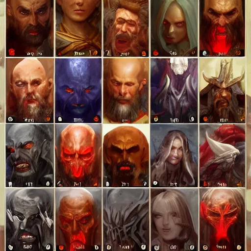 Prompt: all diablo 2 character select screen photoshoot, 4 k, hyper realistic, natural, highly detailed, digital illustration, trending in artstation, classical painting, smooth, sharp focus art by ilya repin
