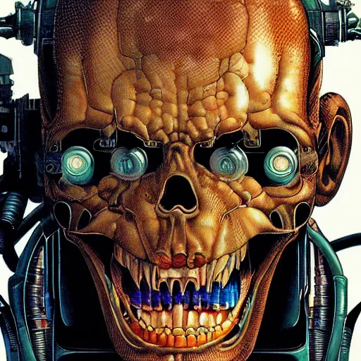 Image similar to portrait closeup of crazy black carbon terminator laughing, symmetrical, cinematic colors, by yoichi hatakenaka, masamune shirow, josan gonzales and dan mumford, ayami kojima, takato yamamoto, barclay shaw, karol bak, yukito kishiro