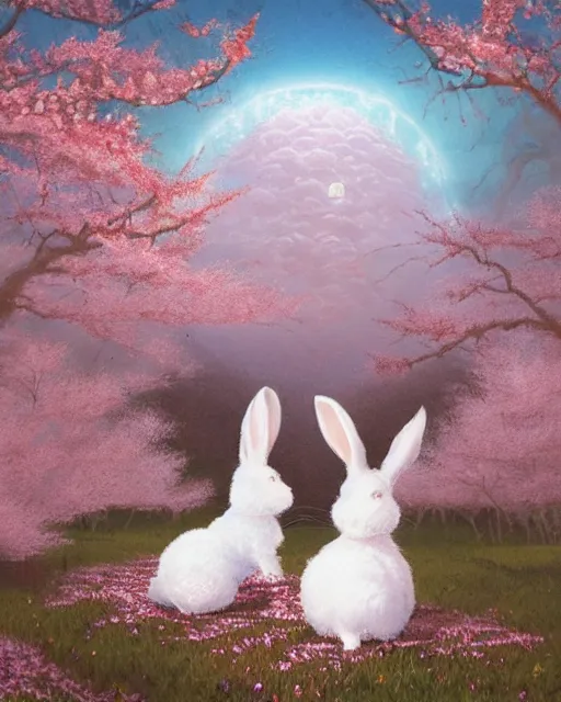 Prompt: ink on paper portrait of two white bunnies in colorfull kimonos in the foreground of a surreal environment with cherry blossoms by greg rutkowski and michael whelan