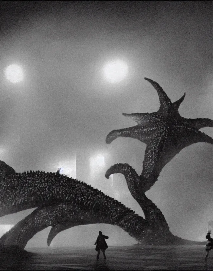 Prompt: a filmstill of a north korean monster movie, kaiju - eiga monster starfish - like trampling a traditional korean palace, foggy, film noir, video compression