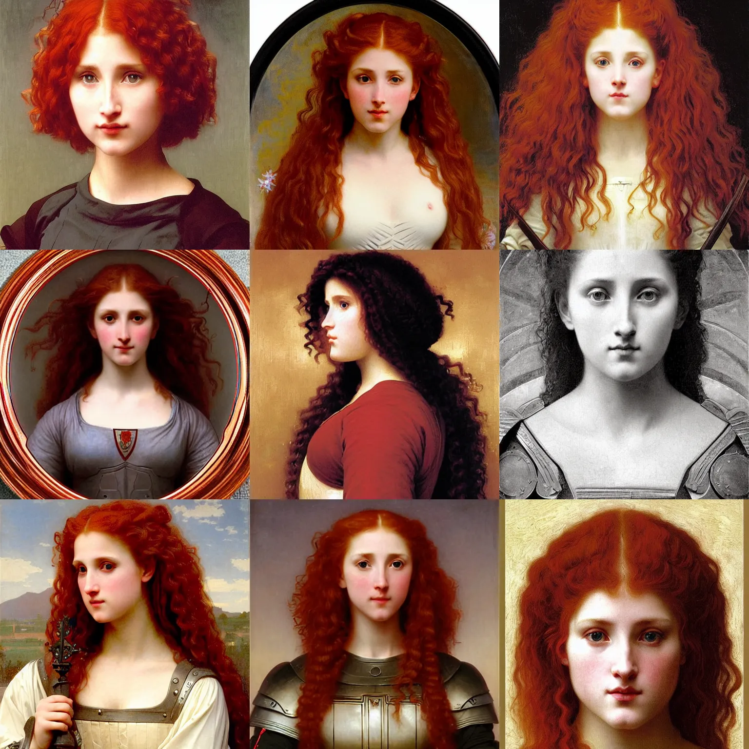 Prompt: Symmetrical knight of symmetry. Thick Stocky red-haired holy woman with long curly symmetrical red hair. Plate armor. Art by William-Adolphe Bouguereau.