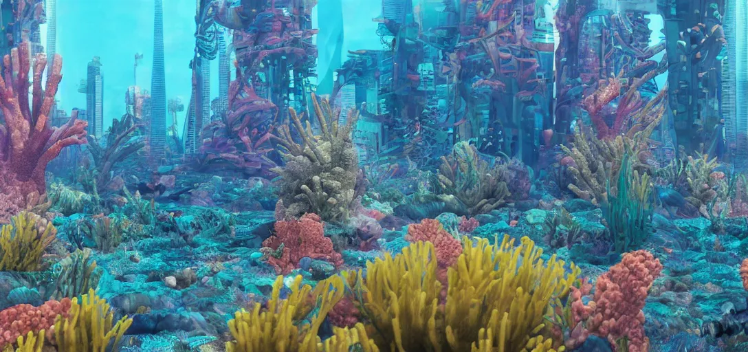 Image similar to futuristic cityscape underwater with colourful corals on flynn reef with starfish shaped buildings by oscar niemeyer, coral bridges by wlop, solarpunk, cyberpunk, biopunk, alien dna, golden ratio, rule of thirds, octane render sidefx isotropix nvidia omniverse materialx osl redshift arnold unreal engine, hyper detailed