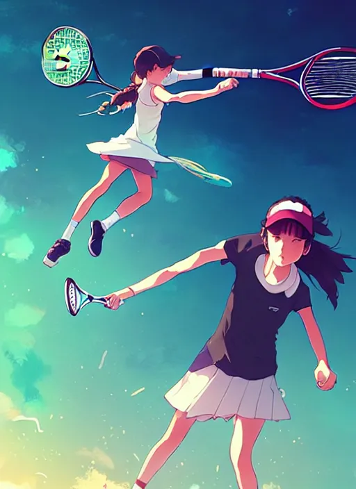 Image similar to girl playing tennis, illustration concept art anime key visual trending pixiv fanbox by wlop and greg rutkowski and makoto shinkai and studio ghibli