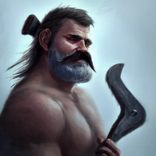 Image similar to portrait old barbarian warrior with trucker mustache and short hair, 8 k, trending on art station, by tooth wu and greg rutkowski