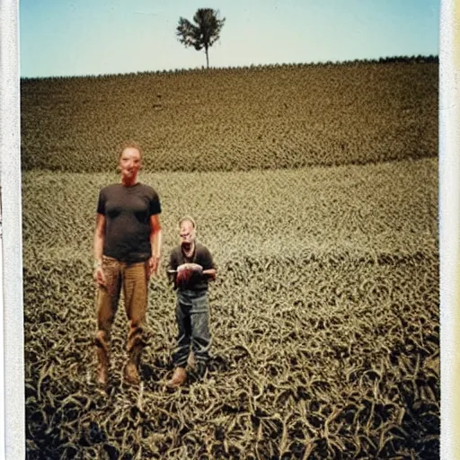 Image similar to a alien standing next to a farmer on a farm next to a corn field polaroid picture