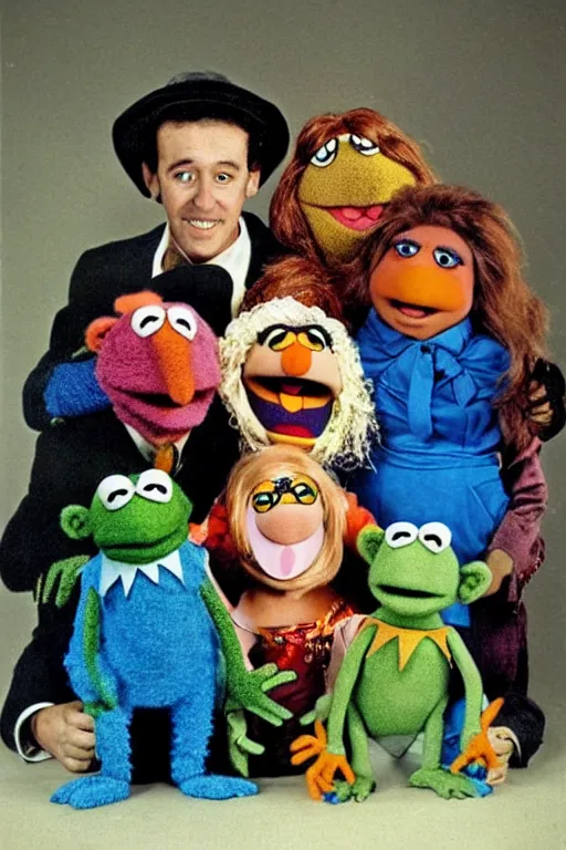 Image similar to muppet family photo, 1 9 6 0 s, olan mills studio, creepy, scary, laughing, color, grotty, ugly, terrified, brian froud