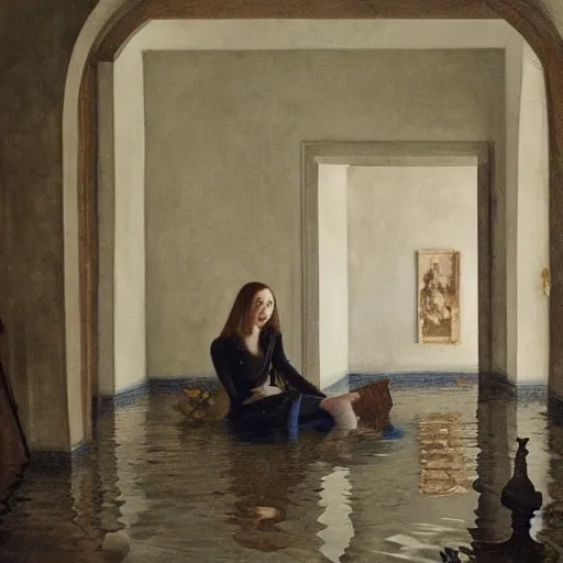 Prompt: painting of Elle Fanning in a flooded house interior, by Bosch