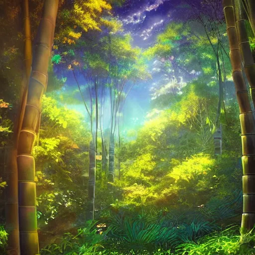 Prompt: a heavenly dream view from the interior of my cozy bamboo forest dream world filled with color from a Makoto Shinkai oil on canvas inspired pixiv dreamy scenery art majestic fantasy scenery fantasy pixiv scenery art inspired by magical fantasy exterior illumination of awe and wonder