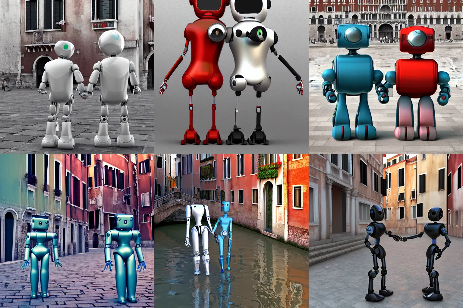 Prompt: Two robots who fall in love in Venice, 3d render