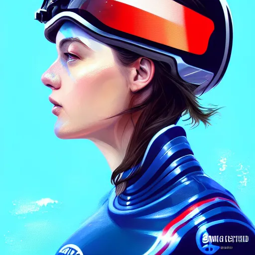 Prompt: profile photo of a girl driver with a helmet and a visor, side profile in underwater, highly detailed, digital painting, artstation, concept art, smooth, sharp focus, illustration by Sandra Chevrier