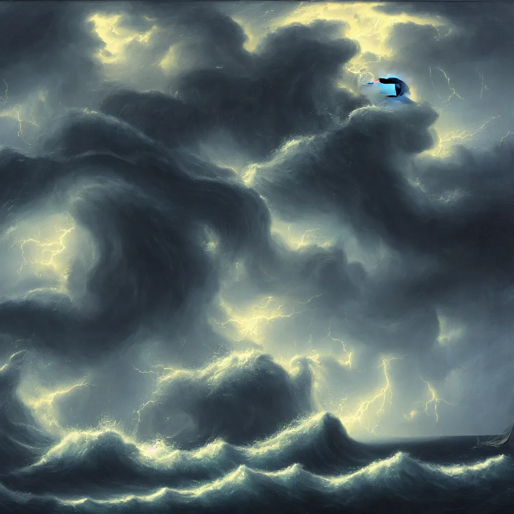 Image similar to a fantasy landscape. subject : giant dark kraken, stormy sea with a small boat, giant waves, lightning in the background, oil painting, 4 k