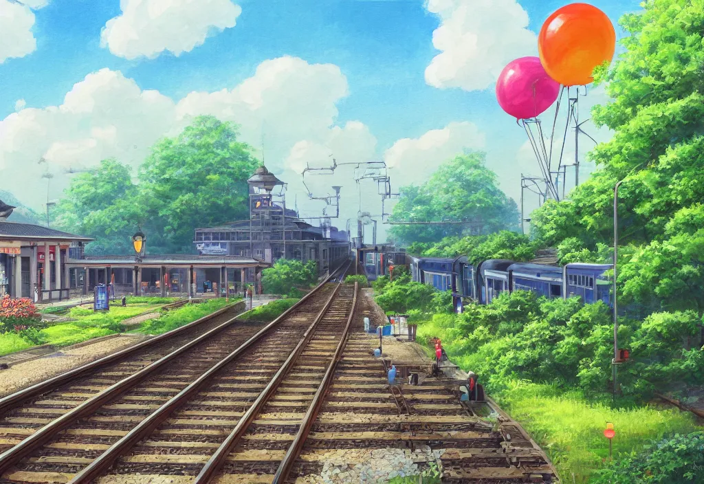 Prompt: a beautiful painting of a train station, railway platform, summer, rail, trees, sunshine, balloons, 4 k wallpaper, very detailed, by makoto shinka and ghibli studio