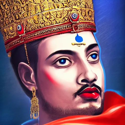 Prompt: the king of india sitting on a throne, detailed face with red lips, blue eyes and large forehead, moody atmosphere, digital art, highly detailed, high contrast, beautiful lighting, award winning, trending on art station, photorealistic, 8 k,