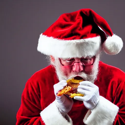 Prompt: santa unhinging his jaw while eating a child