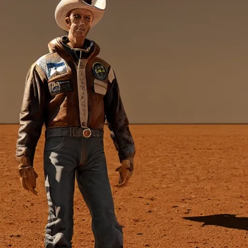 Image similar to apollo 8 cowboy earthrise cowboy in cowboy space, octane render, blender render, unreal engine, 3 5 mm, cowboy, with earth in rising in the sky in the background