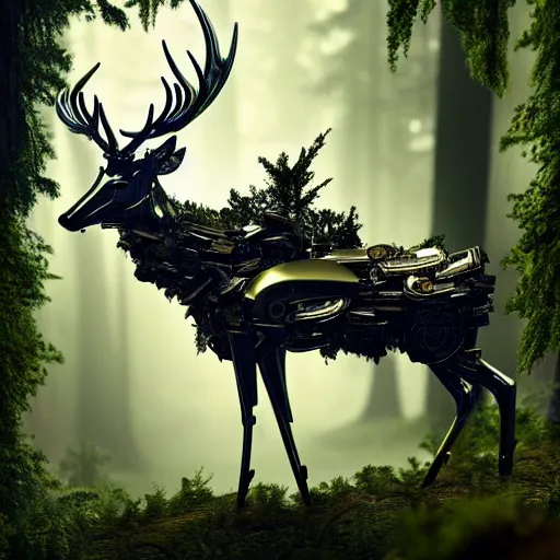 Image similar to chrome stag made of corvette parts in a lush forest :: moody, ornate, dynamic, particulate, intricate, elegant, highly detailed, centered, artstation, smooth, sharp focus, octane render