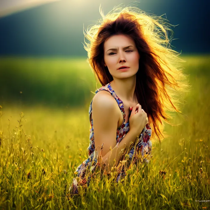 Image similar to photo of a very beautiful!! woman in an endless heavenly meadow, close up, 8 k, hdr, smooth, high resolution, award - winning photo, dslr, 3 5 mm