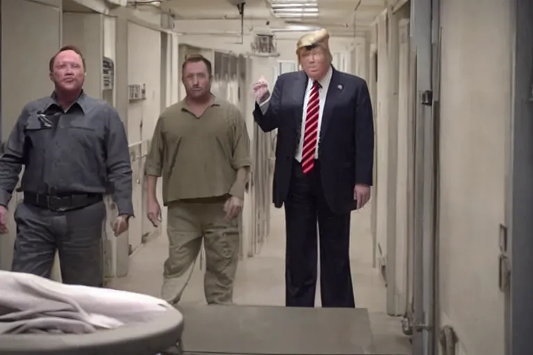 Prompt: movie still of donald trump and alex jones in jail, photograph, tv show, cinematic