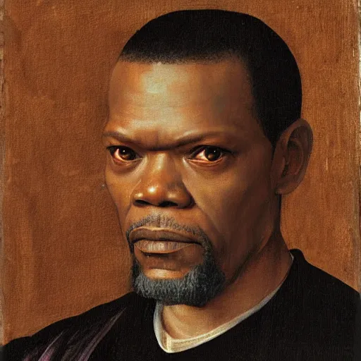 Image similar to a renaissance style portrait painting of Samuel L. Jackson