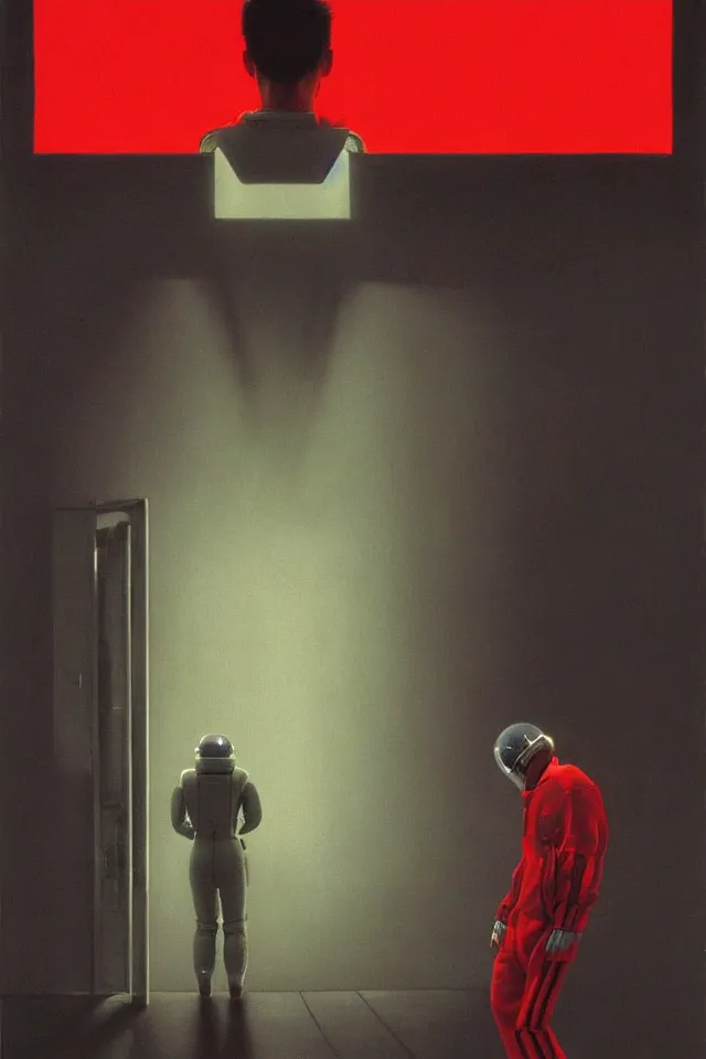 Image similar to CHAPPIE In A Red Adidas Track Suit, full figure, stormy weather, extremely detailed masterpiece, low-key neon lighting, artstation, 2001: A Space Odyssey, Roger Deakin’s cinematography, by J. C. Leyendecker and Peter Paul Rubens and Edward Hopper and Michael Sowa