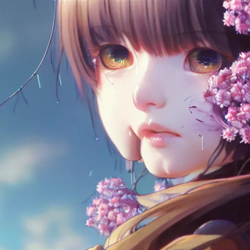 Image similar to terrifying closeup portrait of a beautiful carefree catgirl covered in strings of flowers, by katsuhiro otomo, yoshitaka amano, nico tanigawa, artgerm, greg rutkowski makoto shinkai takashi takeuchi rendered with intense 3 d effect reflective shadowing, cinematic lighting, hyperrealistic illustration uhd 8 k