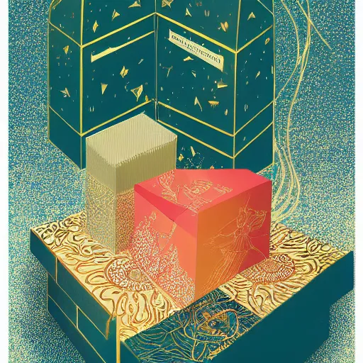 Image similar to feeling of infinite and repition with a box inside gift box which is inside another gift box with another box inside like matriochkas, illustration by victo ngai