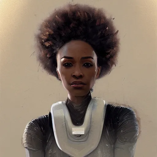 Image similar to Portrait of a woman by Greg Rutkowski, she is about 30 years old, mulato, afro hair, attractive and beautiful, she is wearing a futuristic lawyer outfit, highly detailed portrait, scifi, digital painting, artstation, concept art, smooth, sharp foccus ilustration, Artstation HQ