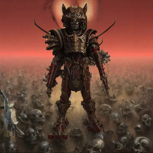 Prompt: anthropomorphic shiba inu, red metal skullknight armor, standing, cementary of skulls, fantasy 3 d render, masterpiece, red aura, by donato giancola and greg rutkowski and wayne barlow and zdzisław beksinski, realistic face