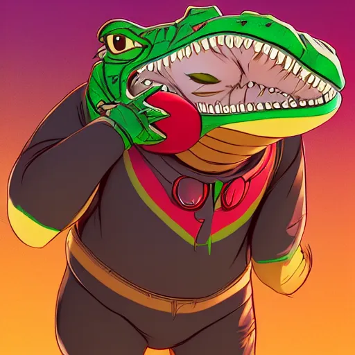 Image similar to in the style of artgerm, loish and ross tran, anthropomorphic alligator, symmetrical face, symmetrical eyes, red scales on his back, yellow scale on his belly and chest, male, waring a hawaiian shirt, in the style of zootopia