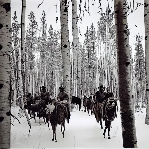 Prompt: photograph of savage plains indians on the warpath riding horses through some aspen trees in the snow attacking
