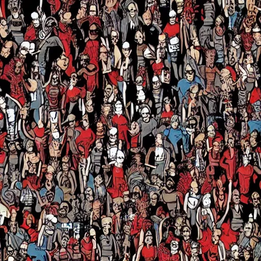 Image similar to where's waldo strip, in dante's hell, lots of demons