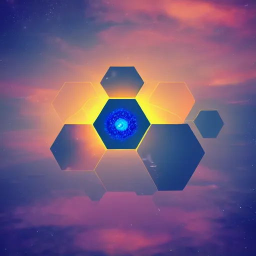 Prompt: hexagon floating above planet earth in front of the sun, trending on art station, retro futurism, photo realistic, perspective