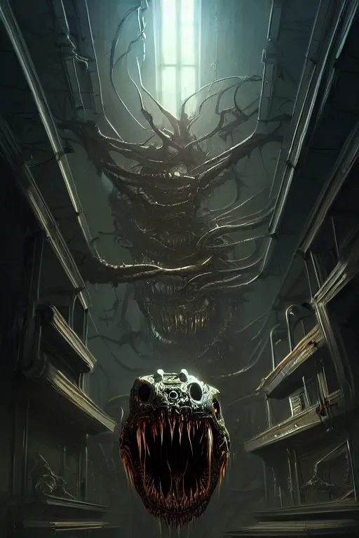 Image similar to professional concept art of a creepy family horrendous mechanical predatory! species in a dark room by artgerm and greg rutkowski. an intricate, elegant, highly detailed digital painting, concept art, smooth, sharp focus, illustration, background environment