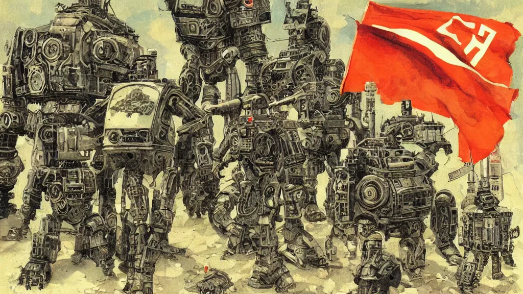 Image similar to Soviet mechs in the style of Norman Rockwell, sci-fi illustrations, highly detailed, intricate, photorealistic, award-winning, patriotic, soviet, ussr, dark, gritty, ink